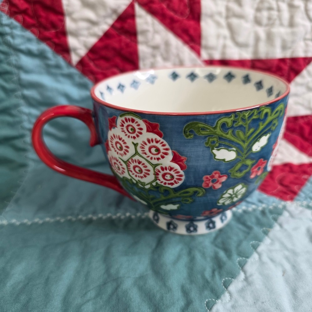 Chumbak Floral Ceramic Coffee Mug Blue Red White Hand Painted Style Tea Cup